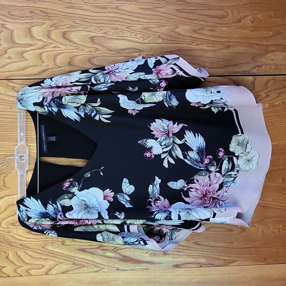 Whitehouse Black Market black floral blouse with butterflies.